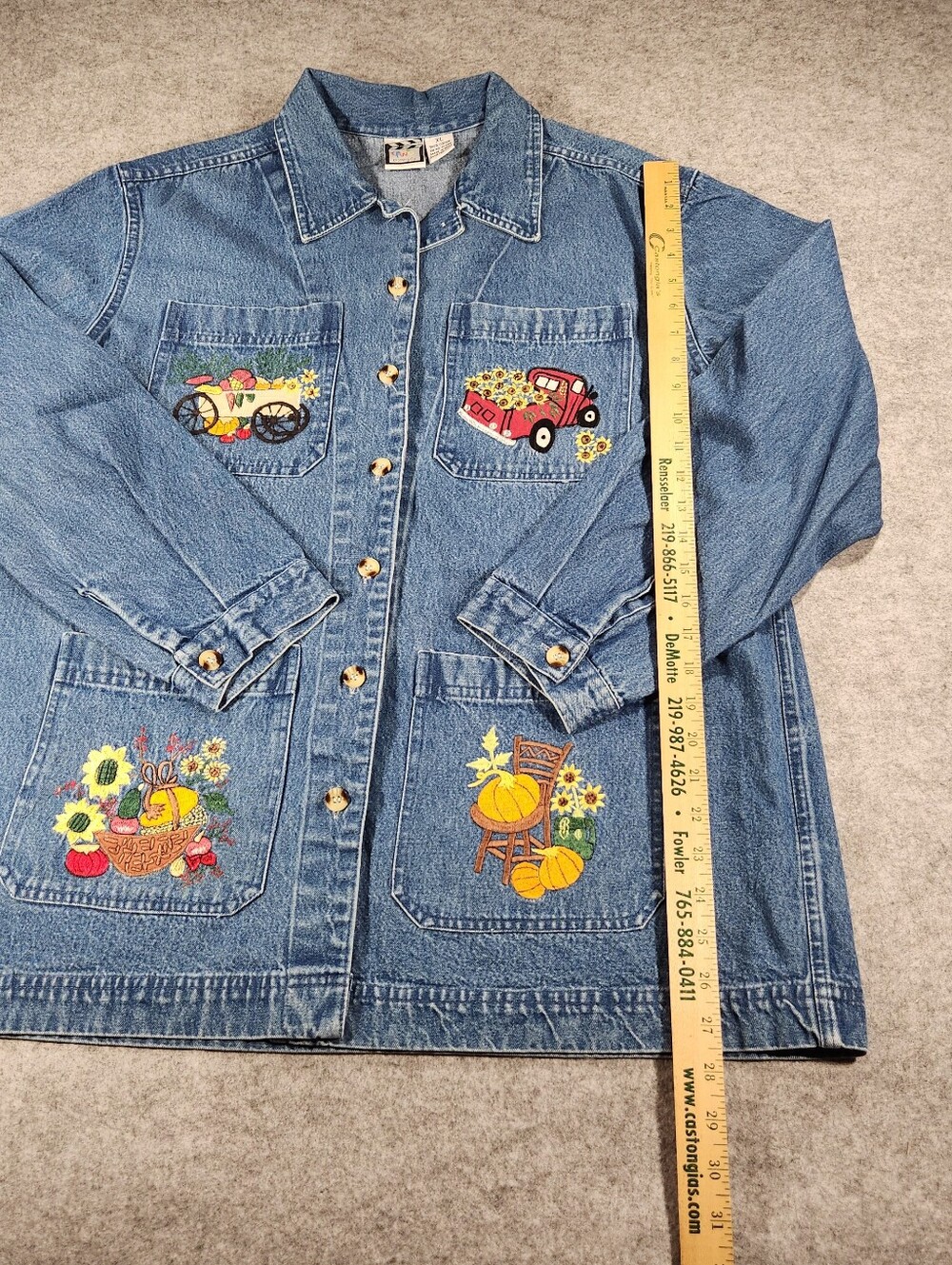 Vintage Take Two Embroidered Blue Denim Chore Jacket with Fall Patchwork Xlarge - Picture 4 of 11